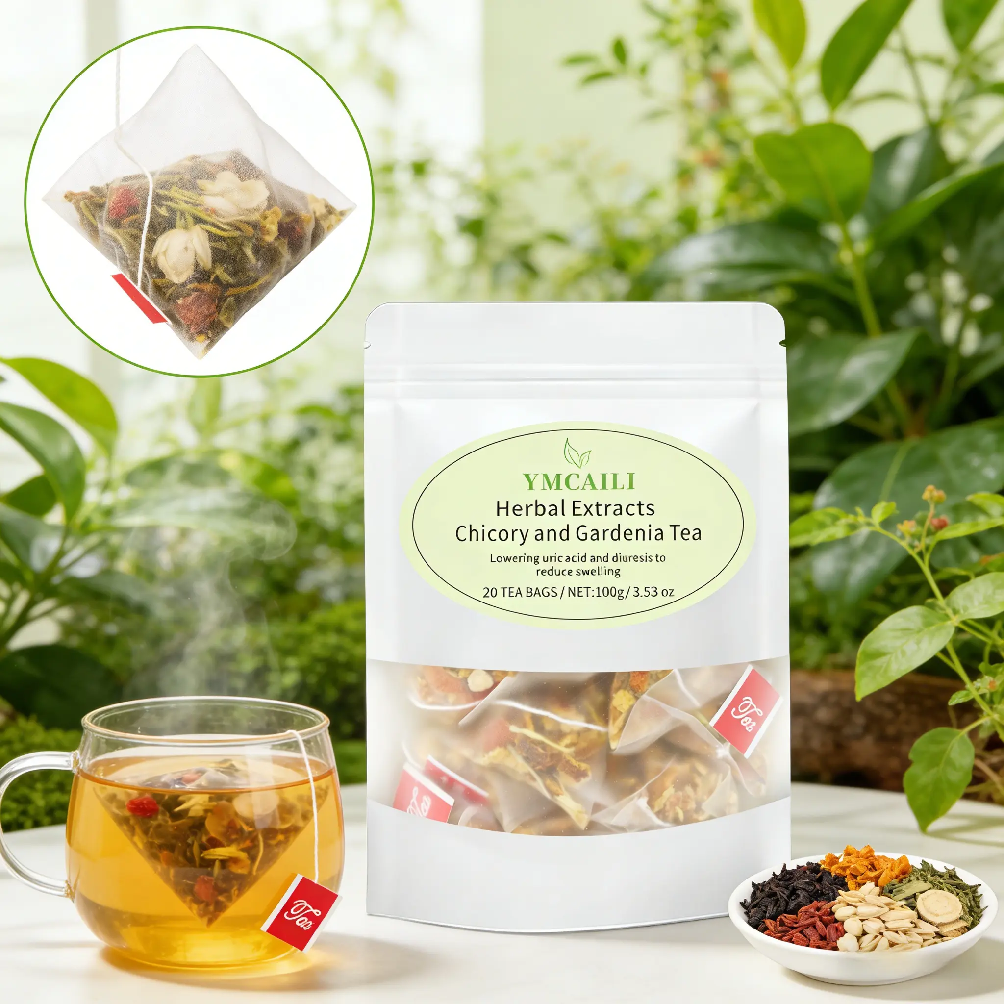 Organic Chicory Gardenia Herbal Tea Bags - Premium Natural Extract Blend, Caffeine-Free Easy-Brew Beverage for Gentle Daily Cleansing & High-Oily Diet Support