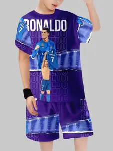Boys Cristiano Ronaldo Fan Sports Set, Printed Short Sleeve T-Shirt + Shorts Two-Piece, Football Star Casual, Football Uniform