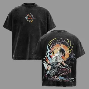 Naruto Shippuden Sasuke Uchiha Front Sharingan Symbol With Fire Elements & Back Full-Body Sasuke With Multi-Color Chakra Aura Print Vintage Washed Unisex Oversized Short Sleeve T-Shirt