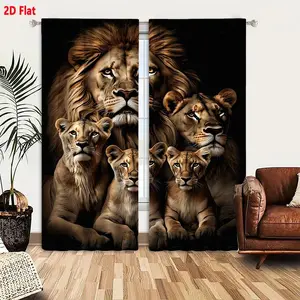 2D Flat Lion 2 - Piece Curtain Set, Stylized Close - Up Artistic Lions Pattern, Golden - Brown Male Lion with Mane & Light Brown Lionesses Cubs, Black Background Design, Smooth Gradient Painted Effect, Room Decor for Living Room Bedroom