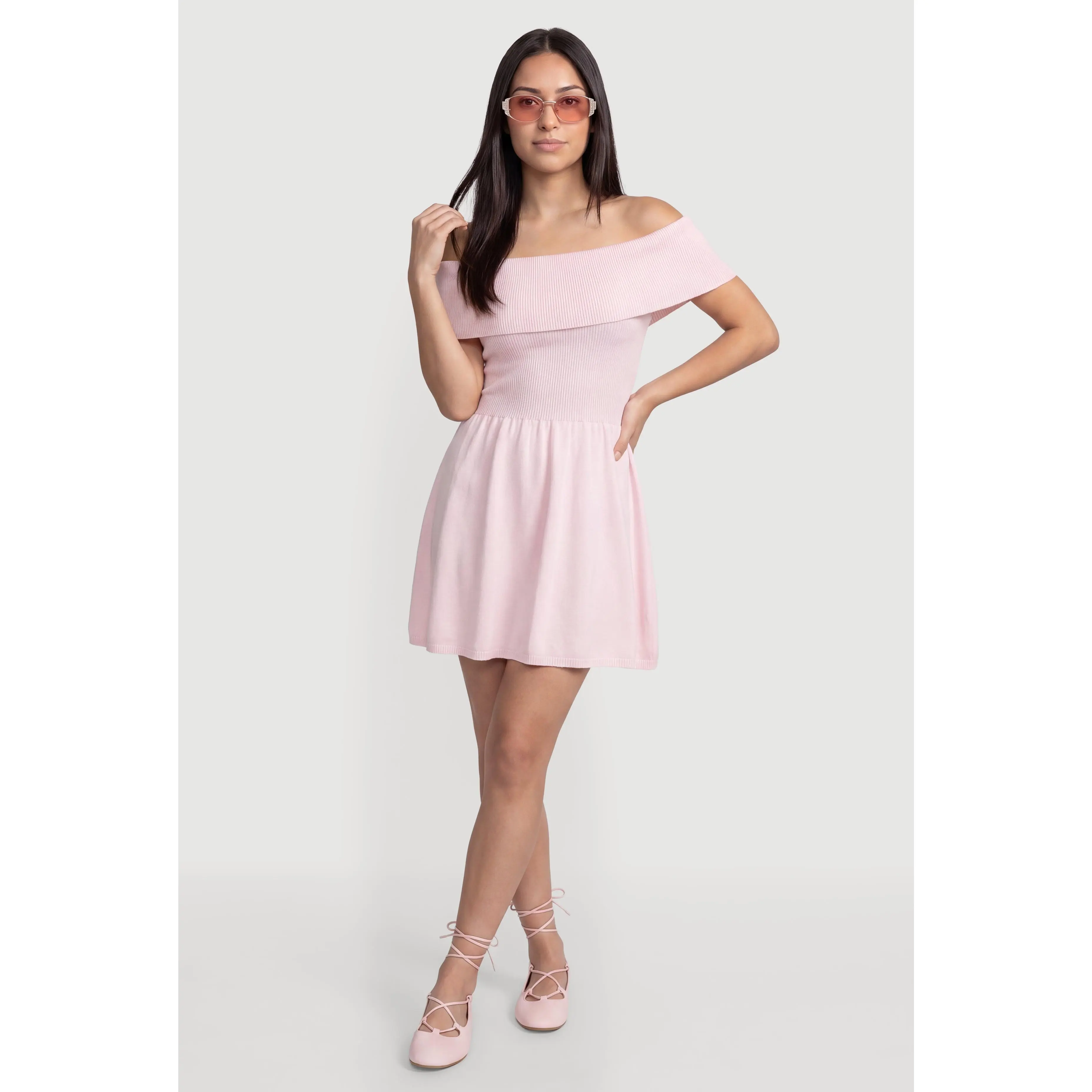 Fold Over Off The Shoulder Skater Dress