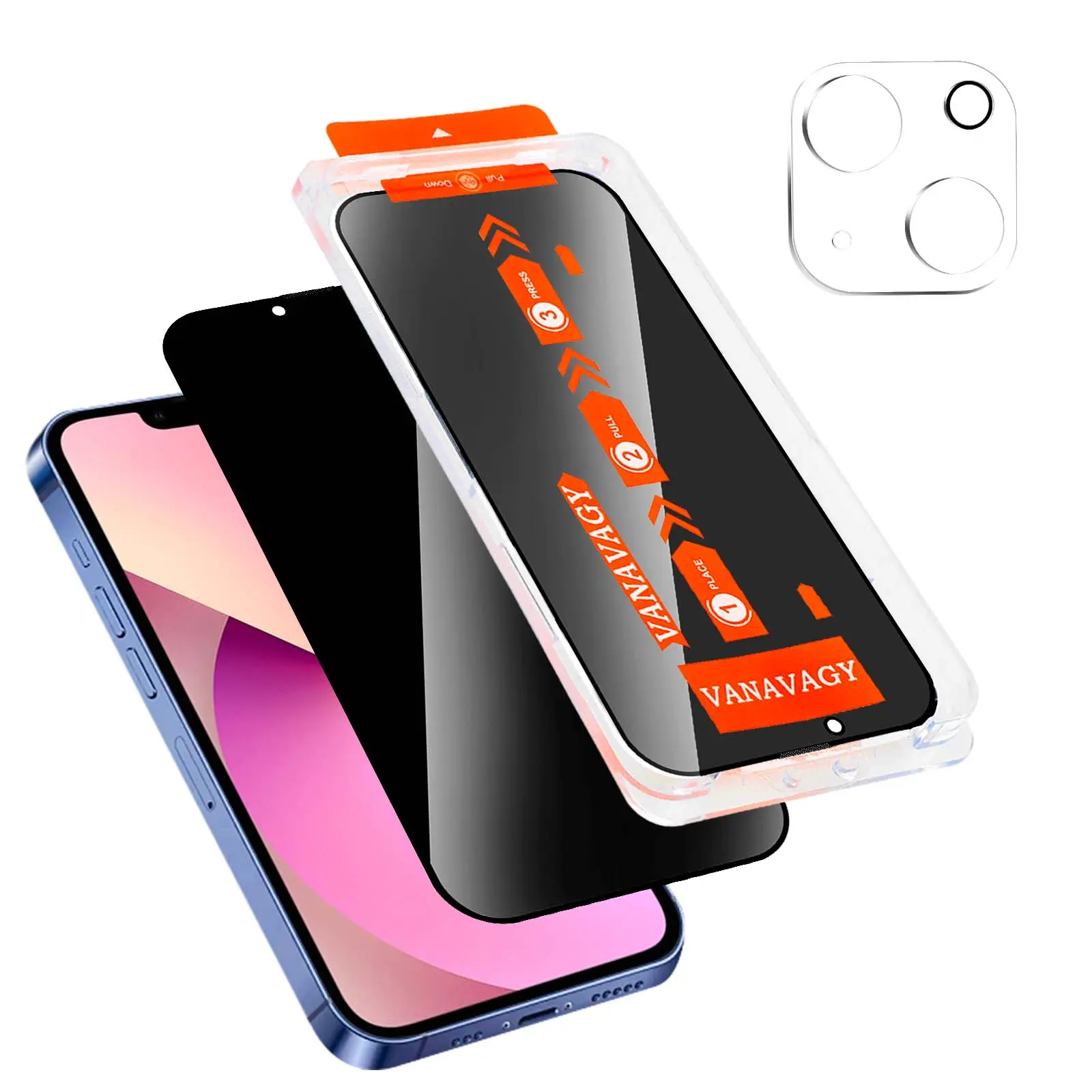 Vanavagy Privacy Glass screen protector for iPhone 16/15/14/13/12/11/Pro/Plus/Pro Max, [Easy Installation] Plating Film with Frame Full Coverage Case for Apple 13/14/15/Pro/Plus/Pro Max[Camera Lens Protector]
