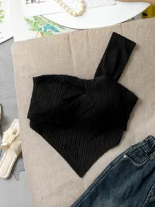 Black Textured Ruched One-Shoulder Cami, Edgy Y2K Cross Twist Irregular Triangle Hem Crop Top, Stylish Women's Fashion