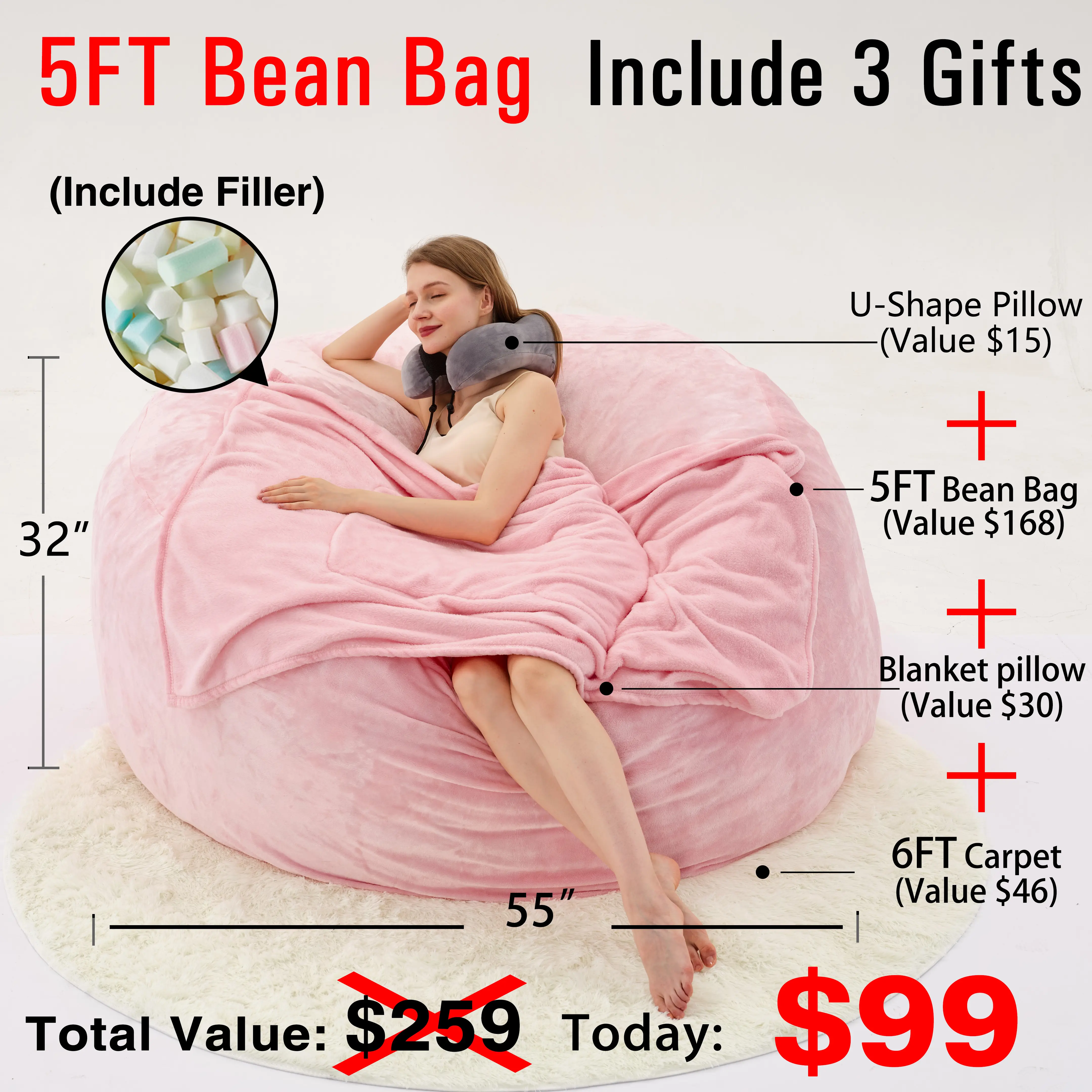 5FT Pink(Cover Filler U-pillow Blanket Carpet)