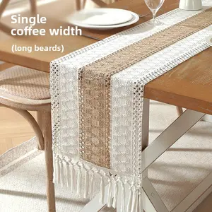 Wabi-Sabi Vintage Cotton Linen Table Runner, Handwoven with Tassel Fringe, Neutral Boho Dining Table Decor