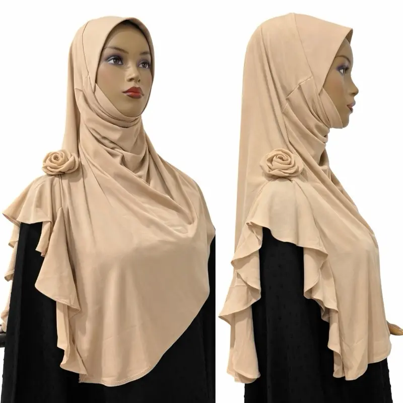 Beige Rosette Grace Instant jersey Hijab with chiffon 3D Rose Accent shoulder panel