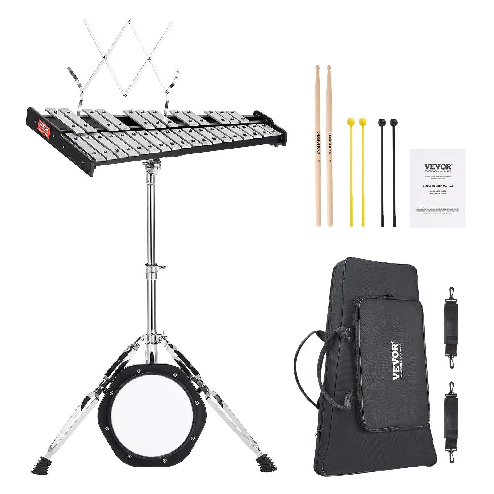 VEVOR Electroplated 30-Note Glockenspiel Xylophone Bell Kit with Aluminum Bars, Mallets, Drum Sticks, Musical Stand, 8-in Practice Pad, Adjustable Stand, Waterproof Breathable Carry Bag (All Ages, Father's Day Gift), Xylophones