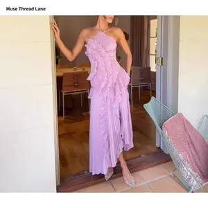Women Sexy Ruffled Halter Dress Sleeveless Solid Color Long Flowy Dress Summer A-line Dress Suitable for Weddings and Parties