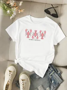 Women's Lobster Gingham Graphic Tee, Loose-Fitting Round Neck Short Sleeve, Beach Vacation Style, Summer Vibes Casual Chic Minimalist Top, Everyday, Womenswear, Lady