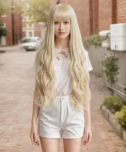 Long Blonde Synthetic Wig with Bangs - Natural Long Wavy Cosplay Wigs for Women Halloween Christmas Party 30" Highlight Heat-Resistant Fiber Adjustable Fit Anime Cosplay Purple Braid Wig