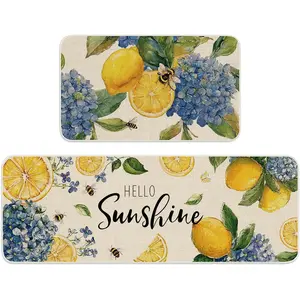 FYSUIMU Summer Kitchen Rugs Set of 2 Blue Hydrangea Lemon Hello Sunshine Non Slip Washable Kitchen Floor Door Mats for Home Bathroom Holiday Party Decor Accessories, 17 x 29 and 17 x 47 Inch