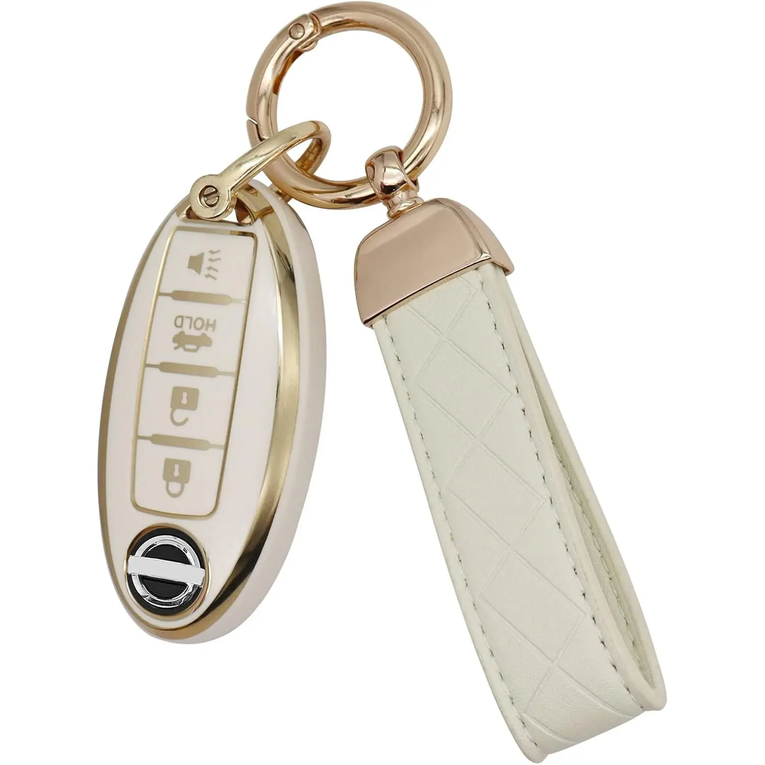 Key Fob Cover For Nissan, with Leather Keychain, Soft TPU Full Protection Key Case Shell For Nissan Altima,Maxima,Rogue,Armada,Pathfinder Smart Key 4 Buttons (White)