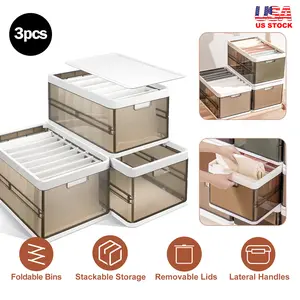 3 Pack Foldable Storage Bin With Lid Stackable Plastic Closet Organizer With Handle Divider Collapsible Drawer Organizer For Toys Clothes