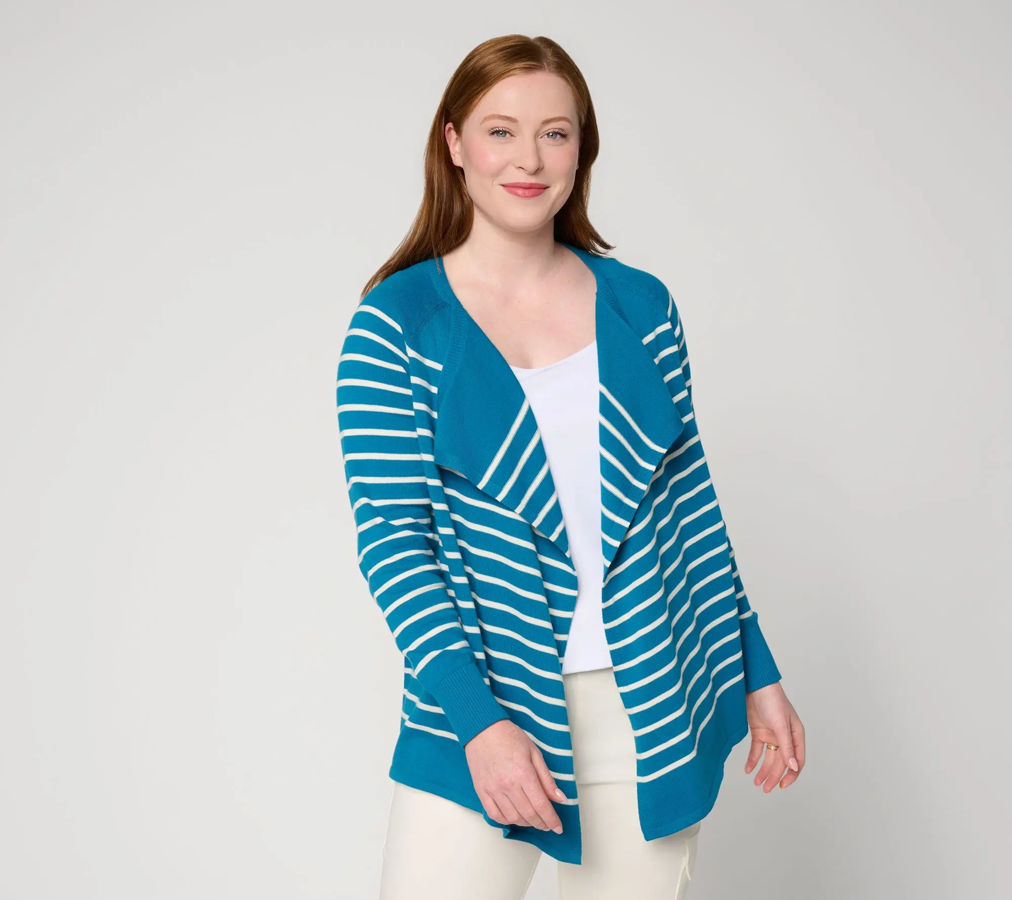 Denim & Co. Striped 100% Cotton Drape Front Cardigan