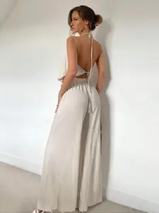 Women's Solid Backless Top & Wide Leg Pants Two-Piece Set, Casual Fashion Top & Trousers for Daily Outdoor Wear, Ladies Clothes for All Seasons, Womenswear