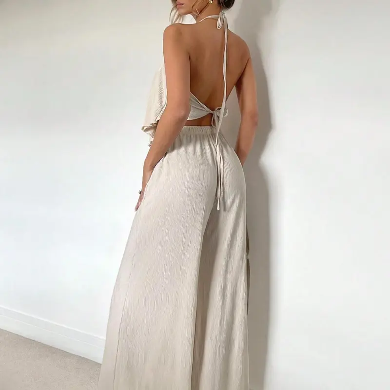 Women's Solid Halter Neck Backless Sleeveless Loose Top & Wide Leg Pants Two-Piece Set, Casual Fashion Outfit for Daily Outdoor Wear, All-Season Womenswear Clothes