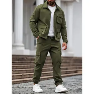 Men’s solid-color pocket button-front shirt and pants two-piece set; casual lounge set; casual long-sleeve collared top and trousers set; men’s spring and fall clothing