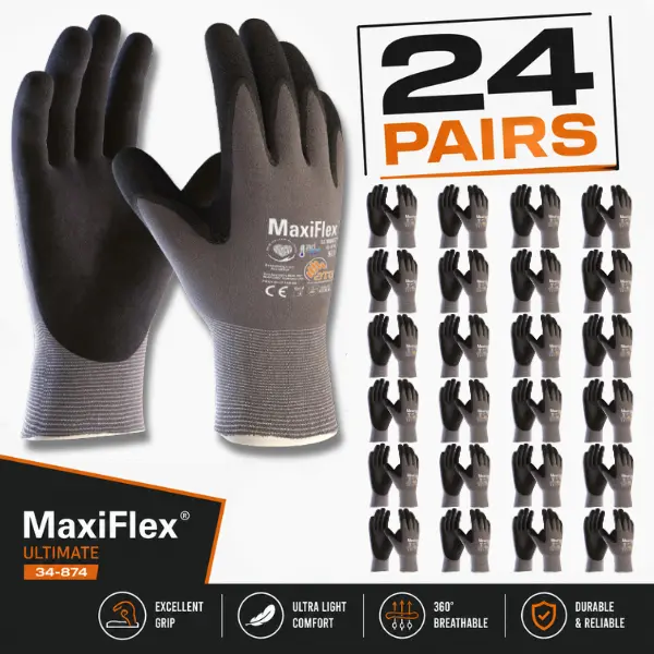 24 Pairs MAXIFLEX Gloves 34- 874 Safety Gloves | Guantes Para Trabajo - MAXIFLEX Gloves For Men Nitrile Micro Foam Grip Palm Comfortable Fit Construction Gear