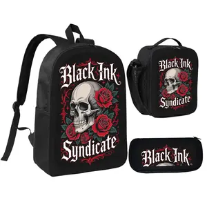 Black Ink Syndicate Gothic Skull Rose Design Three-Piece Backpack Set Includes Backpack Lunch Bag & Pencil Case for Students and Gothic Enthusiasts