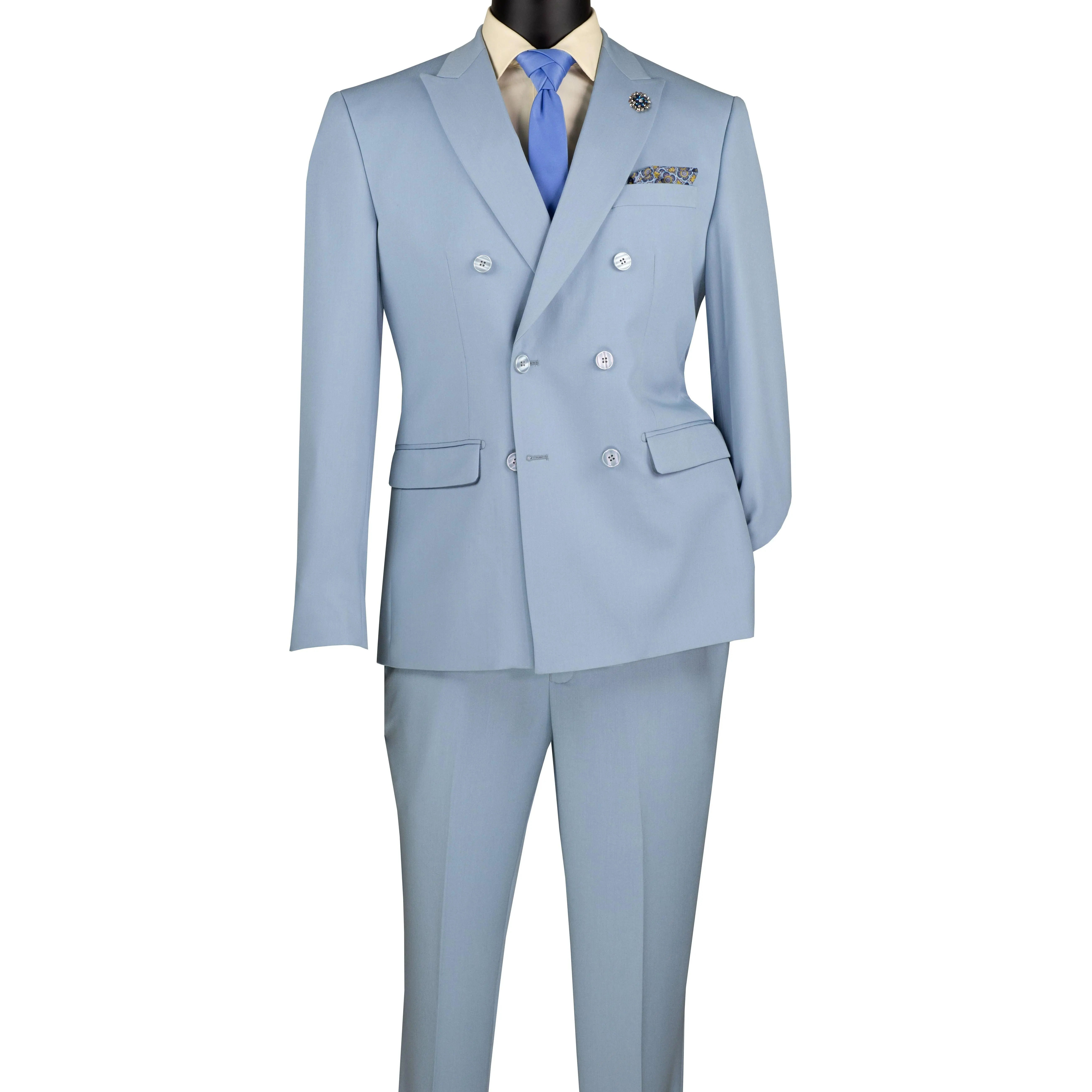 Men’s Double-Breasted Slim Fit Stretch Suit Peak Lapel - Ice Blue