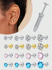 5pcs Flat Back Earrings with Grabber for Women & Men, Stainless Steel Stud Earrings, Blue Cz Flat Back Studs for Cartilage