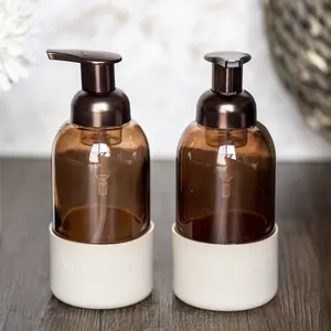 Glass Foaming Soap Bottles 2pk with Pump Dispenser Design in Brown and White Finish Set