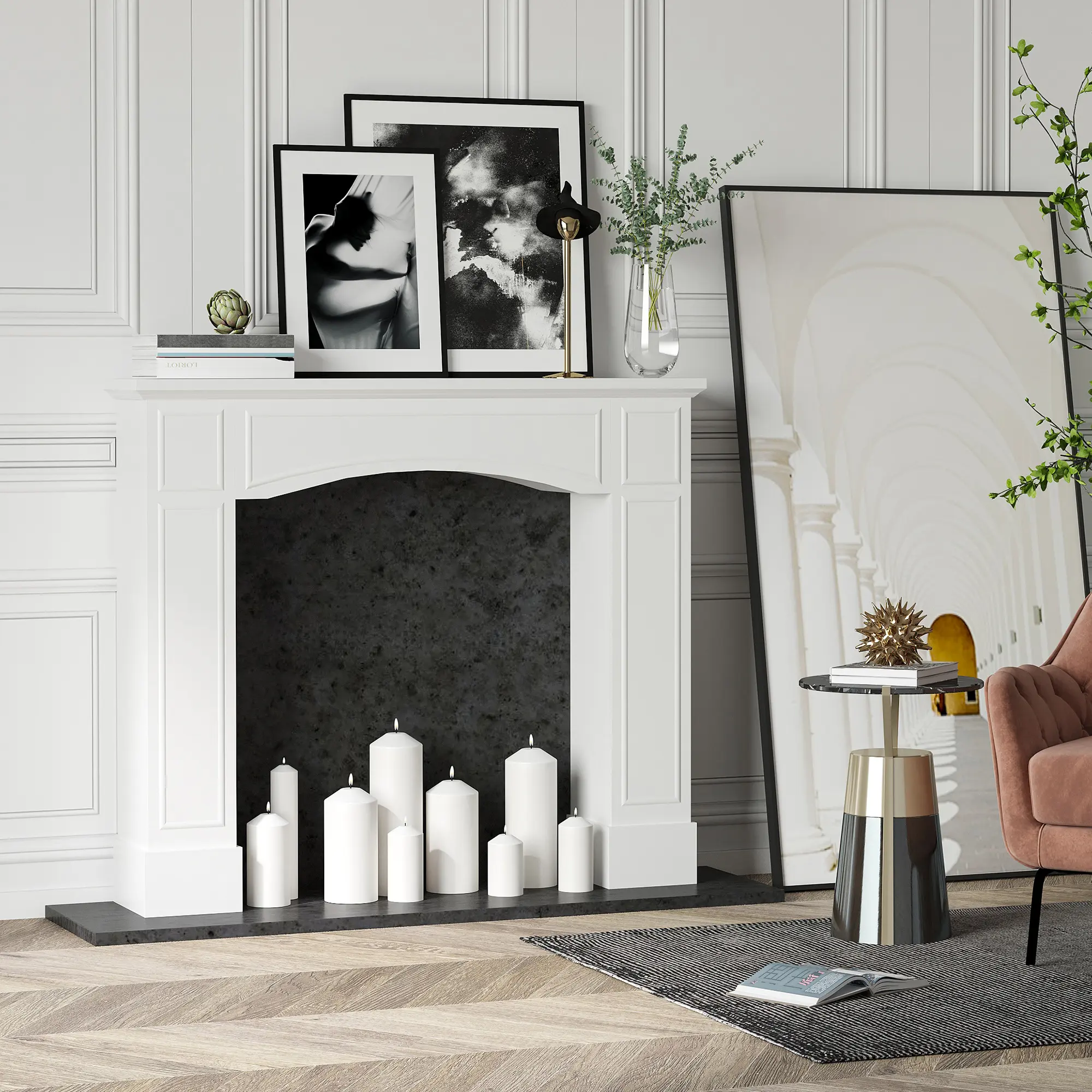 White Wooden Freestanding Fireplace Mantel Surround - 29" Interior Width, Carved Decorative Pattern, Compatible with 26"-28" Electric Fireplace Inserts, for Living Room & Bedroom Indoor Furniture Decor