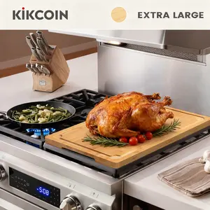 [Mom's Pick]Extra Large Kikcoin Wooden Cutting Board with Handle,Stove Cover,Juice Groove,Bamboo Chopping Board,Serving Tray,Cutting Board Table Kitchen Knives Kitchenware Oil
