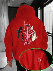 Men's Fashion Casual Fitted Stretchy Hoodie with Sakura Koi Fish Print, Geometric Pattern, Micro Stretch Fabric, All Seasons, Unisex Drawstring Pocket Sweatshirt