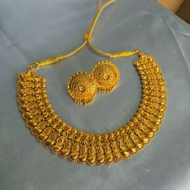 Elegant Gold-Tone Necklaces for Women, 2-Piece Fashionable Jewelry Set with Geometric Choker and Matching Pair Earrings, Auspicious, Subtle Gold Shine