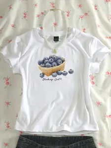Y2K Coquette 'Blueberry Girl' Graphic T-Shirt, Soft Cotton Crew Neck Tee, Trendy Fruit Print Top for Aesthetic Outfits, Summer Casual Everyday Wear, Cute Kawaii Style, Breathable Lightweight Short Sleeve T-Shirt for Women, Streetwear Fashion, Gift for Her