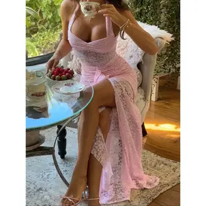 Elegant Sexy Backless Slim-Fit Long Dress with Lace Details and a Slit, Sleeveless Autumn Fashion, Contrasting Lace Design, Simple Style