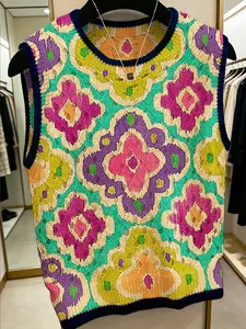 Women's Vintage Geometric Colorblock Print Round Neck Sweater Vest, Casual Sleeveless Knit Top for Spring Summer Fall
