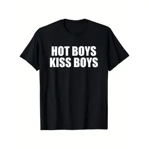 Men's Funny Graphic T-Shirt - HOT BOYS KISS BOYS Print - Black/White Tee - Ultra Soft 100% Streetwear Shirt - Regular Fit Everyday Casual Shirt