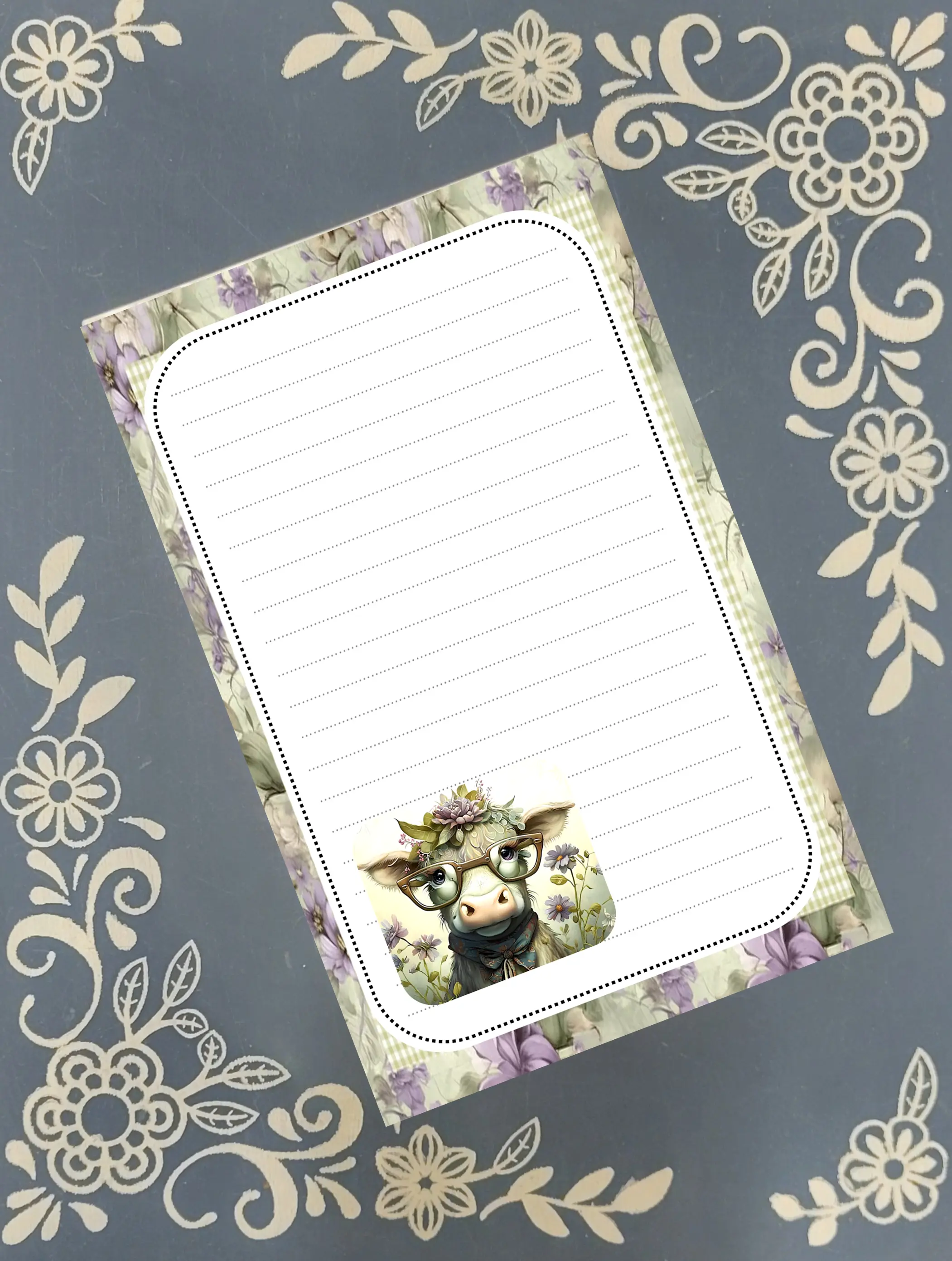 Personalized Notepad with Cow-in-Glasses Design & Purple Wildflowers, 40-Page Office Stationery for Computers & Office Equipment Use, 40 Pages