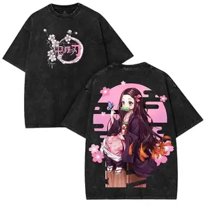 Valentine shirts Retro Nezuko Vintage Tee Oversized Demon Slayer Anime Shirt Cherry Blossom Streetwear for Fans