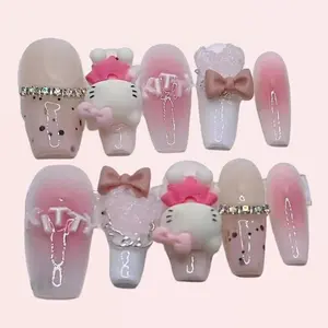 [HANDMADE]  10Pcs Cute Pink Long Coffin Press on Nail Manicure Y2K Cute False Nail Art