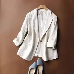 Women’s linen blazer — lightweight casual summer work jacket with a single button, lapels, and 3/4 sleeves; trendy