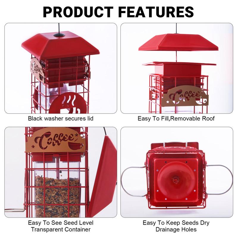Squirrel Proof Bird Feeders for Outdoors Metal Mesh Hanging Bird Seed Feeders for Outside Pole Weight -Activated & 4 Adajustable Perschs 2.2 lbs Capacity (Red)