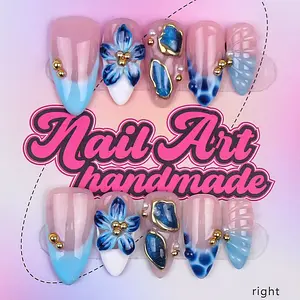 Delicatething Y2K Style Almond Shape Handmade Nail Art, 4 Sizes XS-S-M-L, Blue Ombre, Hand Carved, French Design, Perfect for Parties, Includes Jelly Glue, Crystal Stick, File