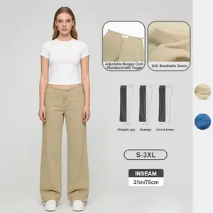 Pwest NYC Adjustable Low-Rise Wide-Leg Jeans — Adjustable Drawstring Waistband/Hem, Relaxed Straight Cut, Soft Daily Wear-Spring Summer