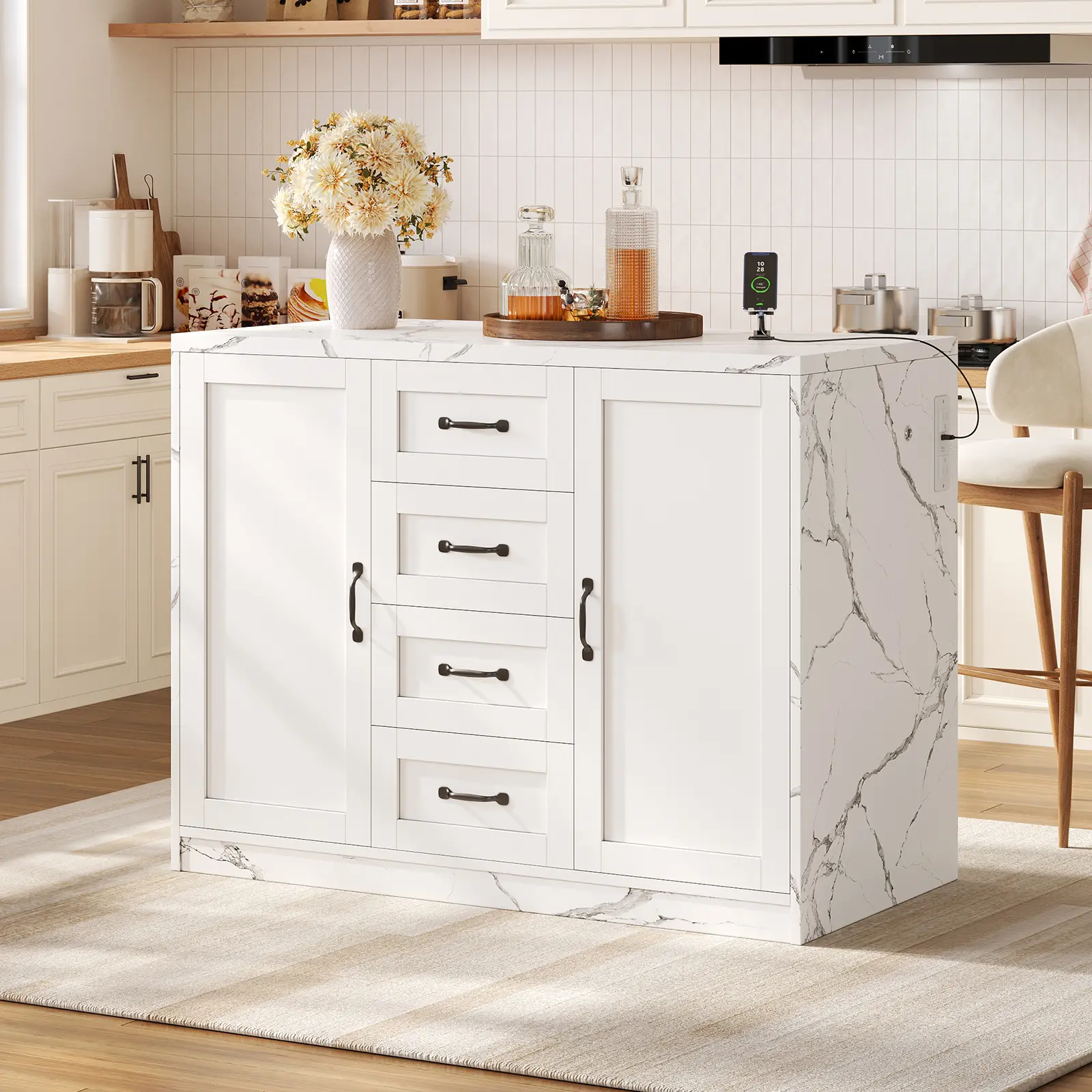 [Shipping By 2 Packages] FUSOU 47.2'' Kitchen Island with Storage & Marble‑Look Countertop, Modern Kitchen Island with Charging Station, 4 Drawers, 2 Cabinets, Adjustable Shelves, RGB LED Breakfast Bar, White