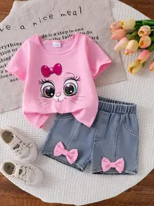 Baby Girl Cute Casual 2-Piece Set Outfit, Summer Cartoon Cat Round Neck Short Sleeve T-Shirt and Bowknot Denim Shorts, Soft & Comfortable