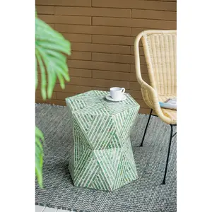 [Fahuac] Tapered Green Capiz Stool 19x19x20in - Accent Side Table, Inlaid Linear Pattern, for Entryway Living Room.