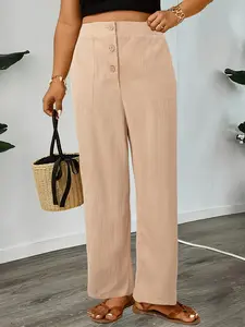Elegant Casual Plus Size Women's Plain Long Pants with Pockets and Buttons, Spring & Fall Fashion, Comfortable and Stylish