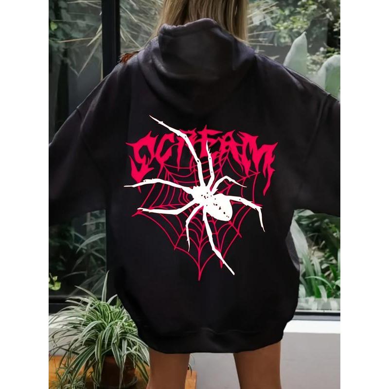 Gothic spider pattern print hoodie, long-sleeved kangaroo pocket pullover, women's casual sportswear, autumn and winter outerwear