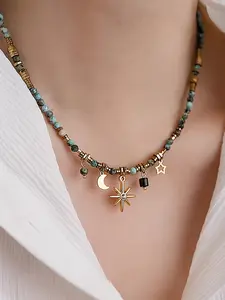 Fashion Beaded Star Moon Fringe Necklace, Vintage Trendy Women's Party Vacation Personalized Necklace, Unique Jewelry Accessory, Adjustable Star Necklace