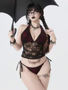 Meghana Gothic Symbol Mysterious Dark Aesthetic Burgundy & Black Bikini Set
