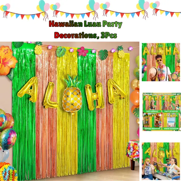 Hawaiian Luau Party Decorations Kit, 3PCS Aloha Foil Fringe Curtain Backdrop, Tropical Party Decor, Pineapple Summer Beach Party Decorations, Photo Booth Background, Luau Birthday Party Supplies, Green Brown Yellow 3.3x6.6FT