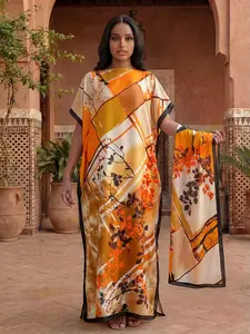 Women's All-Season Casual Style Long Robe Set, Full Body Printed Dress + Head Scarf & Hairband, Beach Sun Protection Lightweight Satin Silk Wrap
